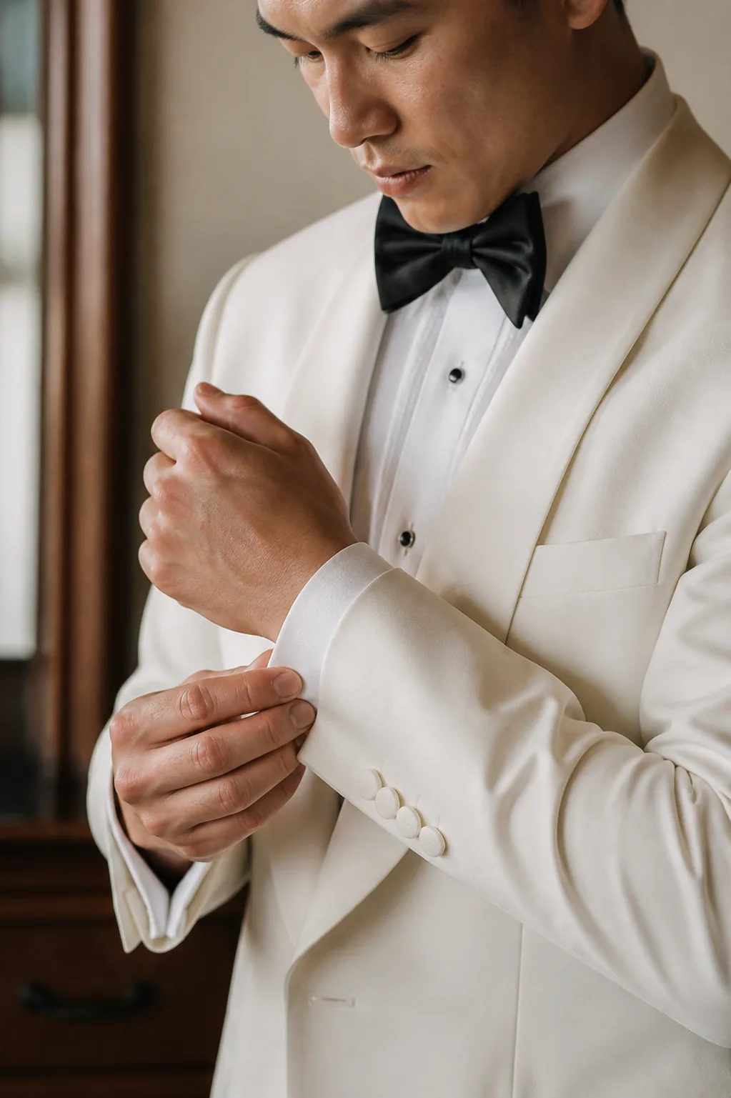 Perfect Attire | Wedding Suits & Tuxedos Singapore Groom adjusting the cuff of an ivory dinner jacket