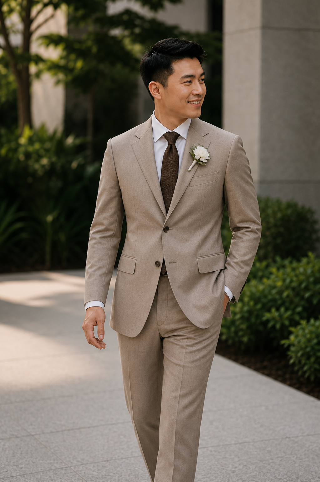 Perfect Attire | Wedding Suits & Tuxedos Singapore Groom in a taupe single-breasted wedding suit